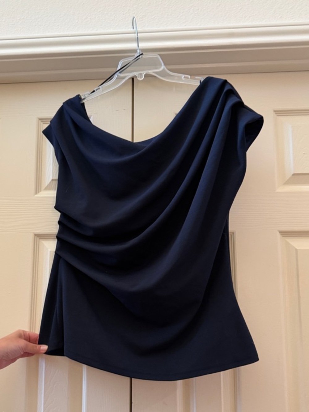 Draped Cowl Neck Sleeveless Top in Navy